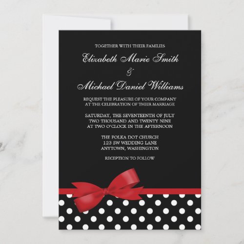 Black White Polka Dot Red Faux Bow Wedding Invitation