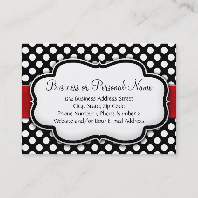Black/White Polka Dot Red Ribbon Business Card (Front)