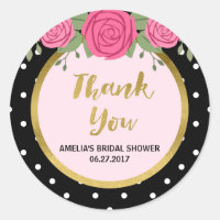 Black White Polka Dot Rose Thank You Bridal Shower Classic Round Sticker