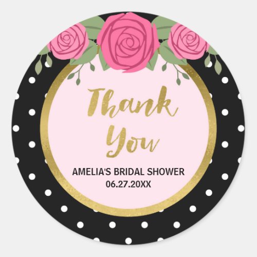 Black White Polka Dot Rose Thank You Bridal Shower Classic Round Sticker