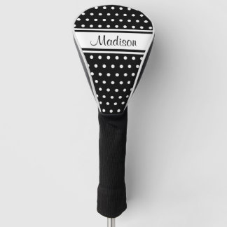 Black White Polka Dot Stripe Script Name Golf Head Cover