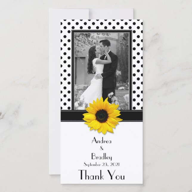 Black White Polka Dot Sunflower Wedding Thank You Card (Front)