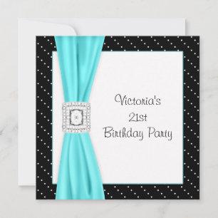 Black White Polka Dot Teal Diamond 21st Birthday Invitation