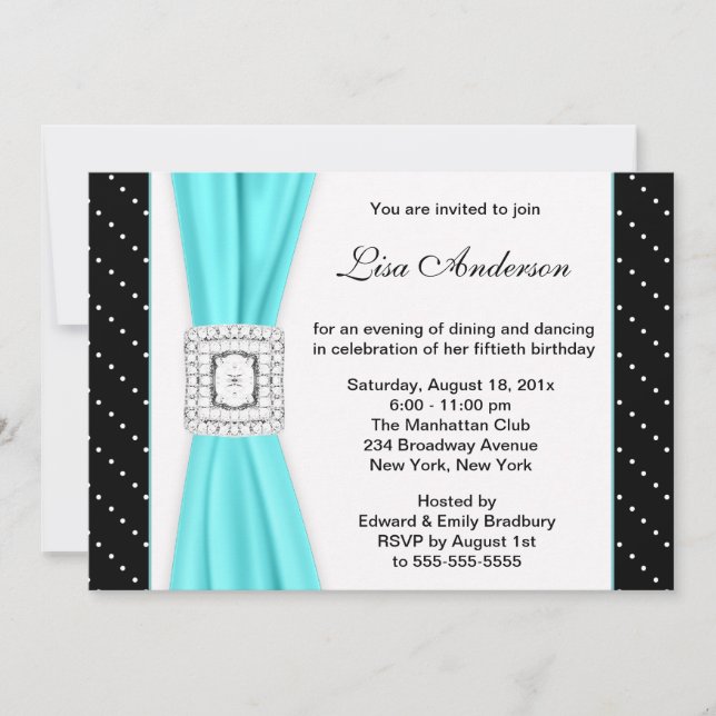 Black White Polka Dot Teal Diamond 50th Birthday Invitation (Front)