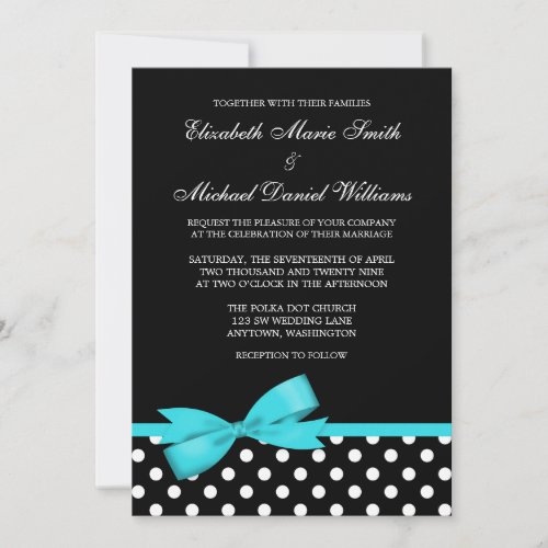 Black White Polka Dot Teal Faux Bow Wedding Custom Announcement
