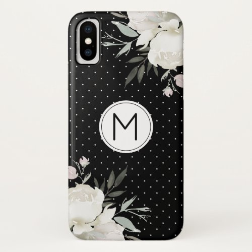 Black  White Polka Dot White Rose Floral Monogram iPhone XS Case