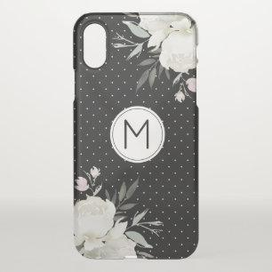 Black & White Polka Dot White Rose Floral Monogram iPhone X Case