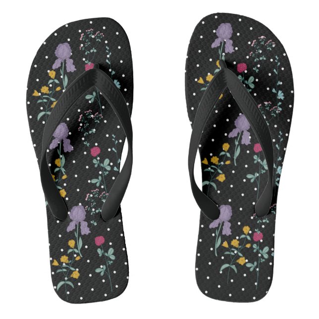 Black White Polka Dot Wild Flower Flip Flops (Footbed)