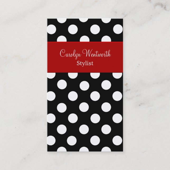 Black White Polka Dot with Red Business Card (Front)