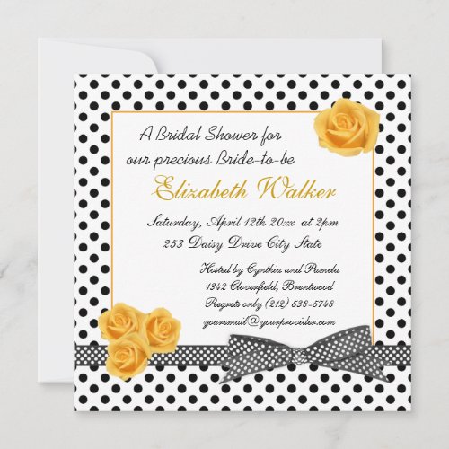 Black white polka dot yellow rose Bridal Shower Custom Announcements