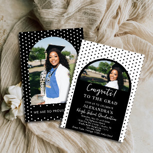 Black & White Polka Dots 2 Photo Graduation Party  Invitation