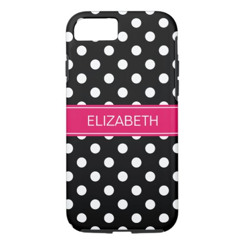 Black White Polka Dots 2 Raspberry Name Monogram iPhone 87 Case