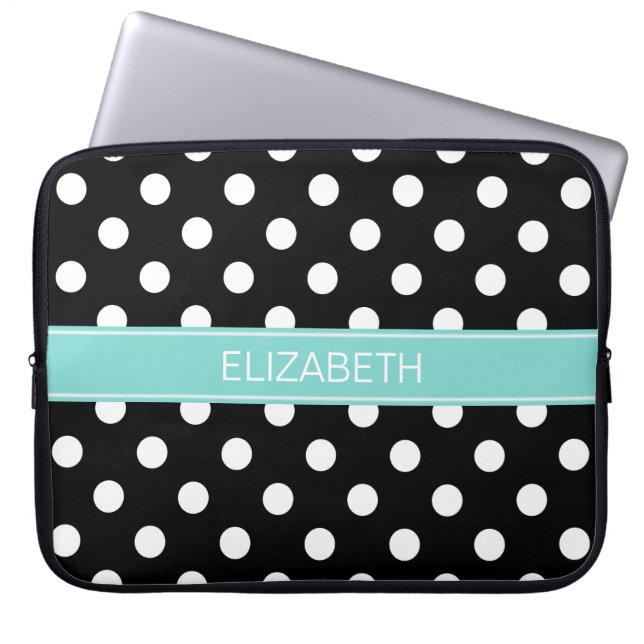 Black White Polka Dots #2 Turquoise Name Monogram Laptop Sleeve (Front)