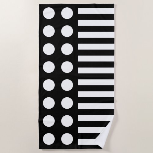 Black  White Polka Dots And Stripes Pattern Beach Towel