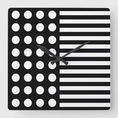 Black  White Polka Dots And Stripes Pattern Square Wall Clock