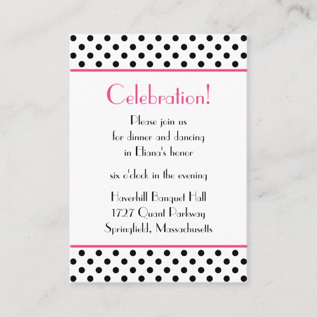 Black White Polka Dots Bat Mitzvah Reception Card (Front)