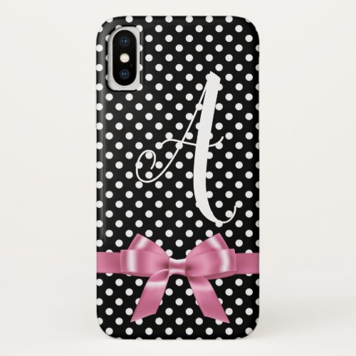 Black white polka dots bow personalize alphabet  iPhone x case