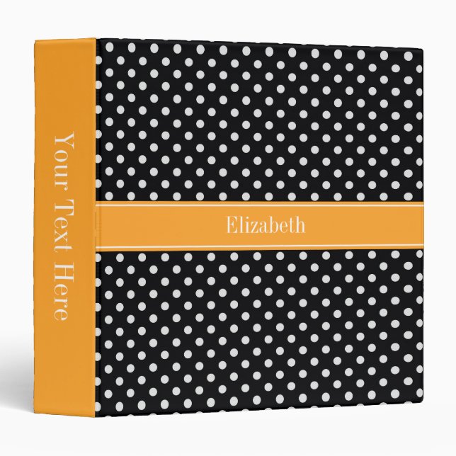 Black White Polka Dots Cantaloupe Name Monogram 3 Ring Binder (Front/Spine)