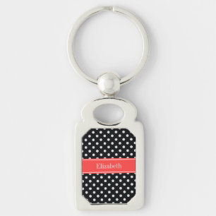Black White Polka Dots Coral Red Name Monogram Keychain