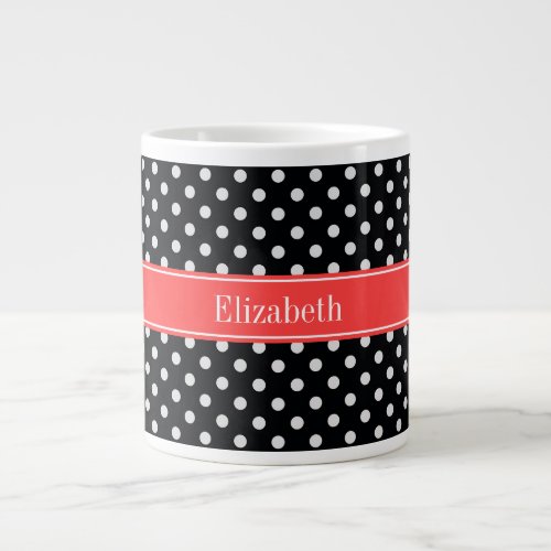 Black White Polka Dots Coral Red Name Monogram Large Coffee Mug