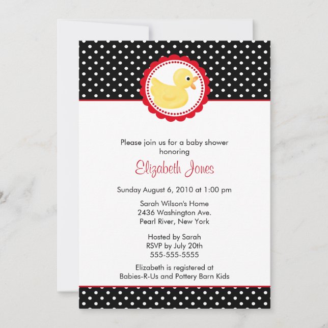 Black & White Polka Dots Duck Baby Shower Invitation (Front)