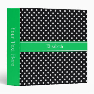 Black White Polka Dots Emerald Name Monogram 3 Ring Binder