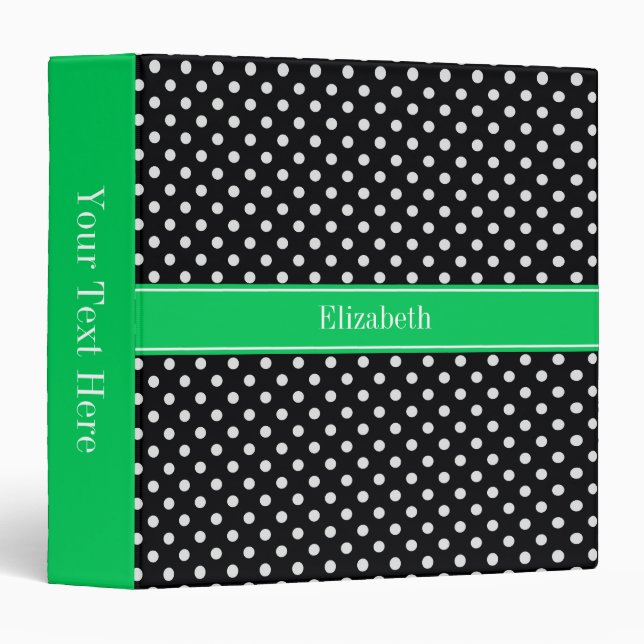 Black White Polka Dots Emerald Name Monogram 3 Ring Binder (Front/Spine)