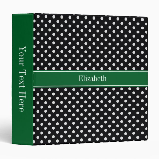 Black White Polka Dots Forest Green Name Monogram Binder (Front/Spine)