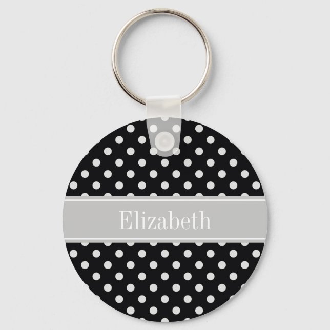 Black White Polka Dots Gray Name Monogram Keychain (Front)