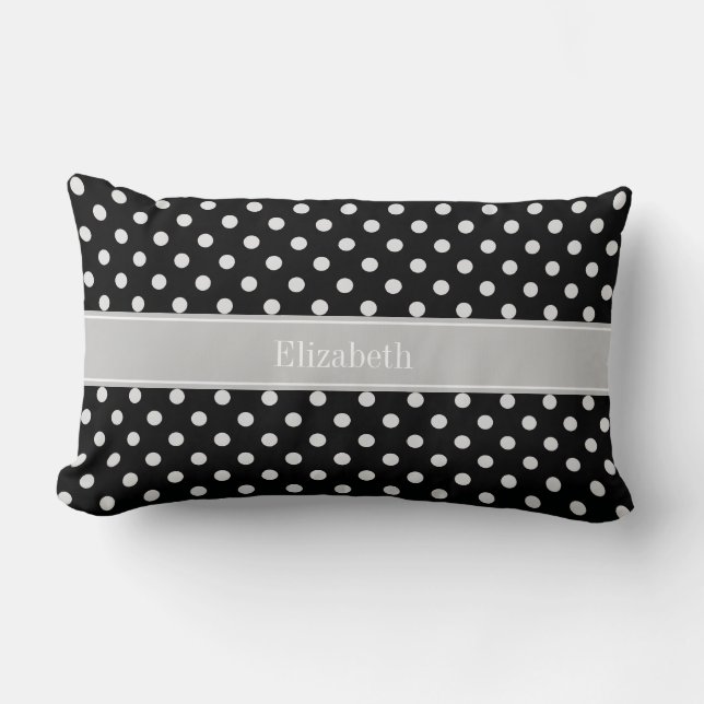Black White Polka Dots Gray Name Monogram Lumbar Pillow (Front)