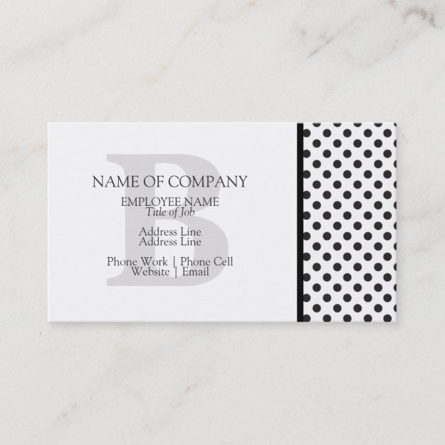 Black White Polka Dots Grey Designer Monogrammed Business Card (Front)