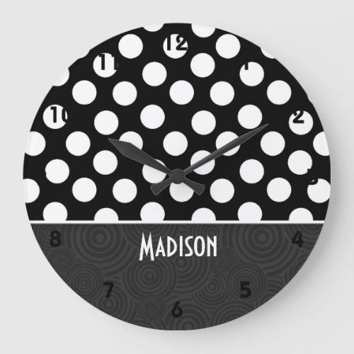 Black  White Polka Dots Large Clock