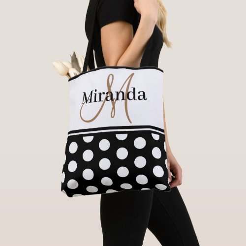 Black White Polka Dots Monogram Script Tote Bag