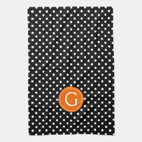 Black  White Polka Dots Orange Accent Towel