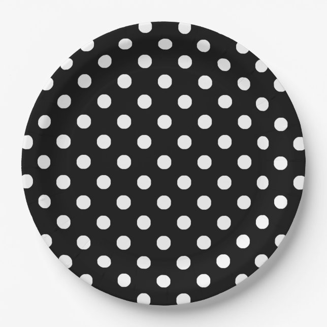 Black White Polka Dots Pattern Paper Plates (Front)