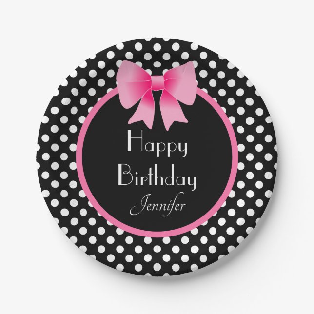 Black & White Polka Dots Pattern Pink Bow Birthday Paper Plates (Front)