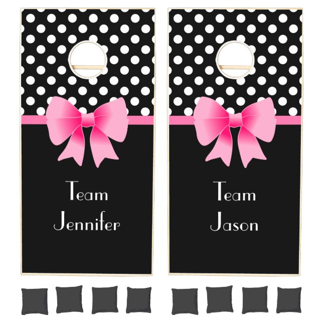 Black & White Polka Dots Pattern Pink Bow Cornhole Set (Set)
