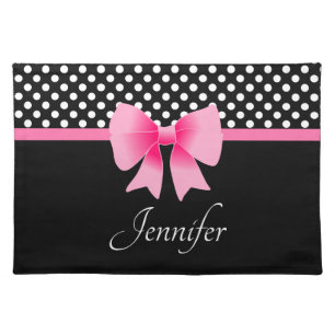Black & White Polka Dots Pattern Pink Bow Name Cloth Placemat