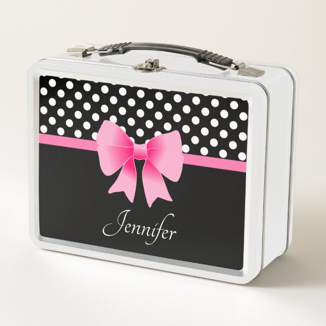 Black & White Polka Dots Pattern Pink Bow Name Metal Lunch Box (Front)