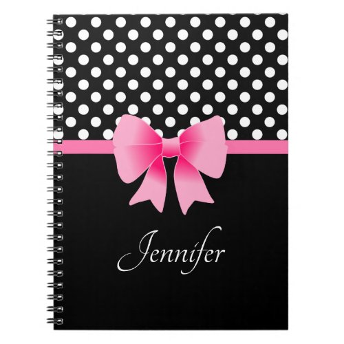 Black  White Polka Dots Pattern Pink Bow Name Notebook