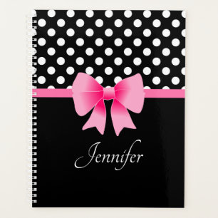 Black & White Polka Dots Pattern Pink Bow Name Planner