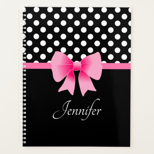 Black  White Polka Dots Pattern Pink Bow Name Planner