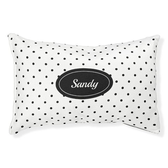 Black & White Polka Dots Pattern With Custom Name Pet Bed (Front)