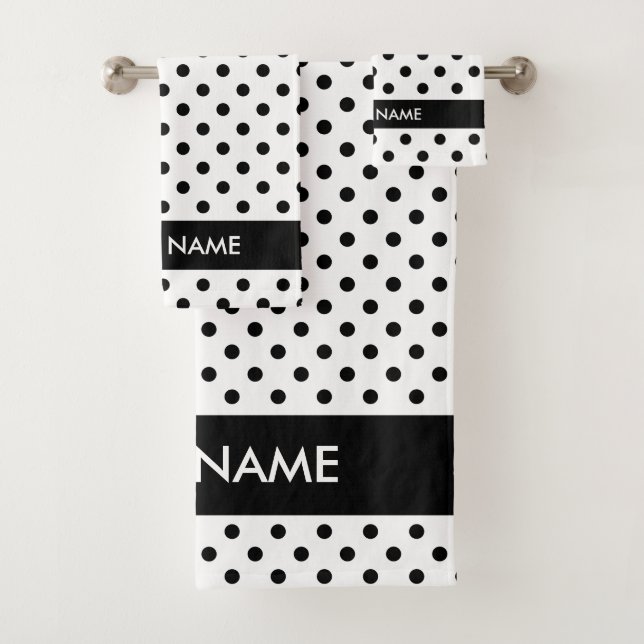Black white polka dots personalized bath towel set (Insitu)