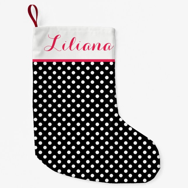 Black White Polka Dots Personalized Small Christmas Stocking (Front)