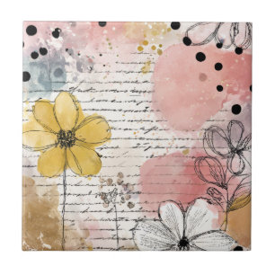 Black White Polka Dots - Pink Floral Sketches Ceramic Tile