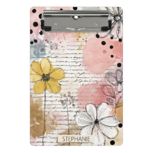 Black White Polka Dots - Pink Floral Sketches Mini Clipboard