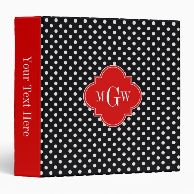 Black White Polka Dots Red Quatrefoil 3 Monogram Binder (Front/Spine)