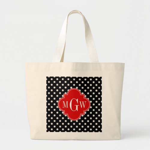 Black White Polka Dots Red Quatrefoil 3 Monogram Large Tote Bag