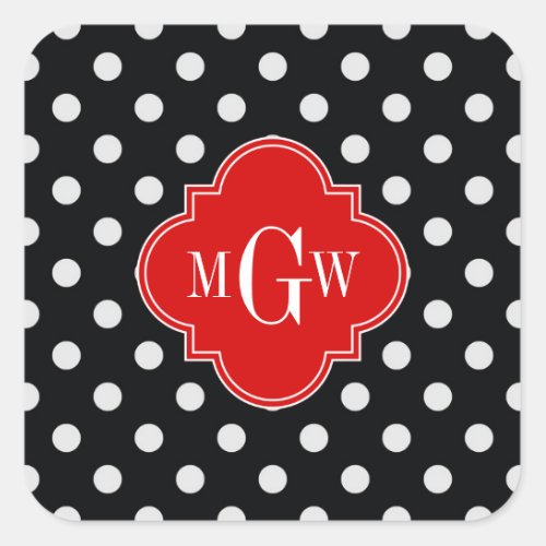 Black White Polka Dots Red Quatrefoil 3 Monogram Square Sticker